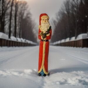 Vintage Weighted Resin Tall Santa Holding Pack & Gold Bell Old World